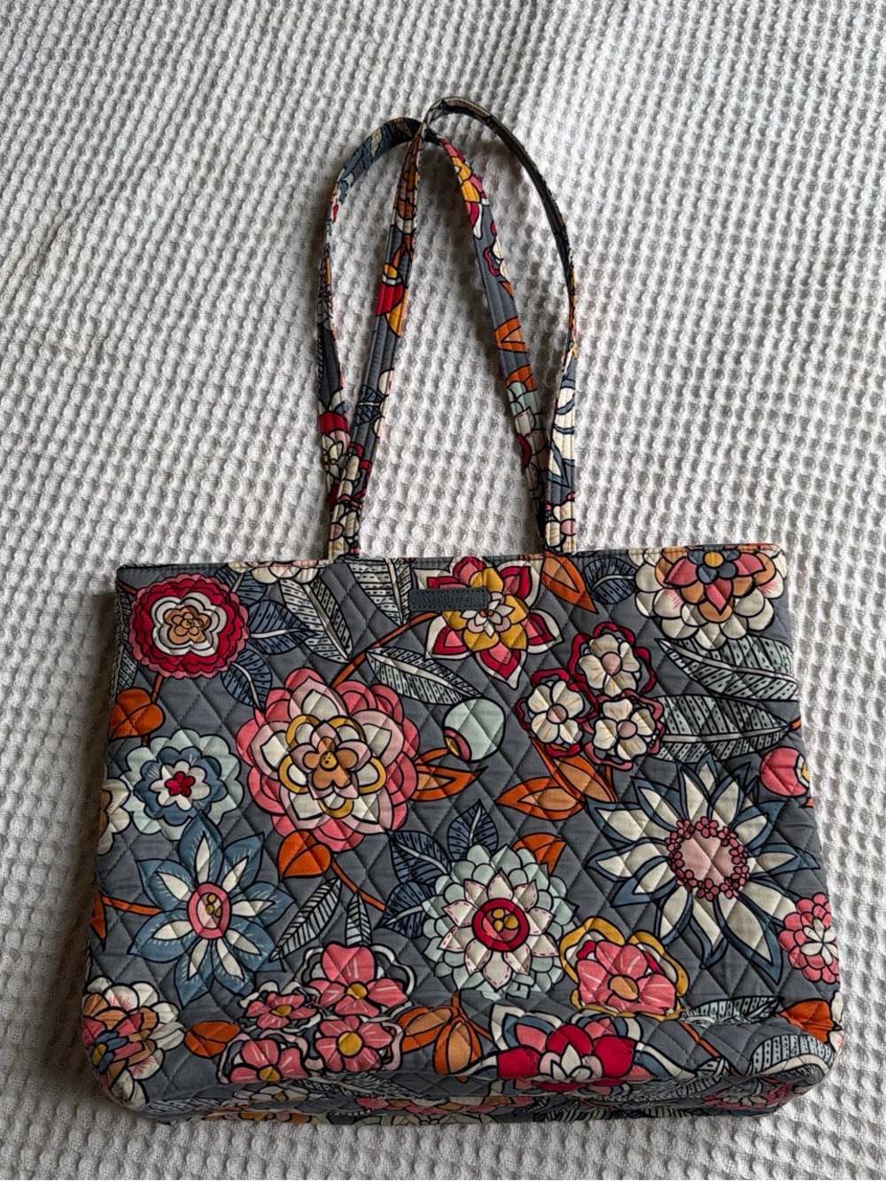 Vera Bradley Quilted Floral Tote in Gray with Pink, Orange and Blue Accents